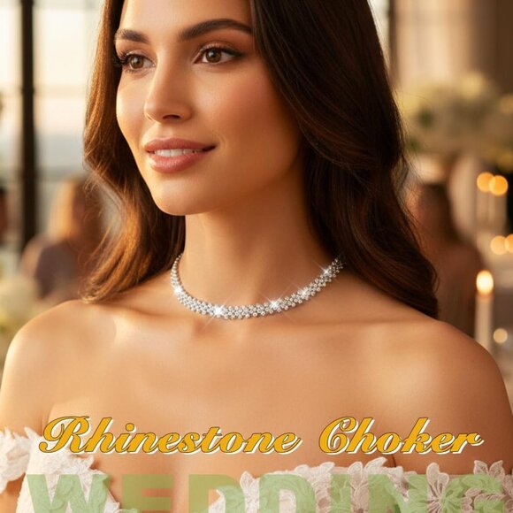 Rhinestone Choker Necklace Silver Diamond Row Necklaces Sparkly Crystal Prom Jew - Picture 5 of 7